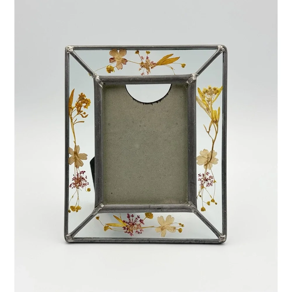 Vtg Stained Glass Picture Frame Real Pressed Flowers Boho Cottage Metal Solder